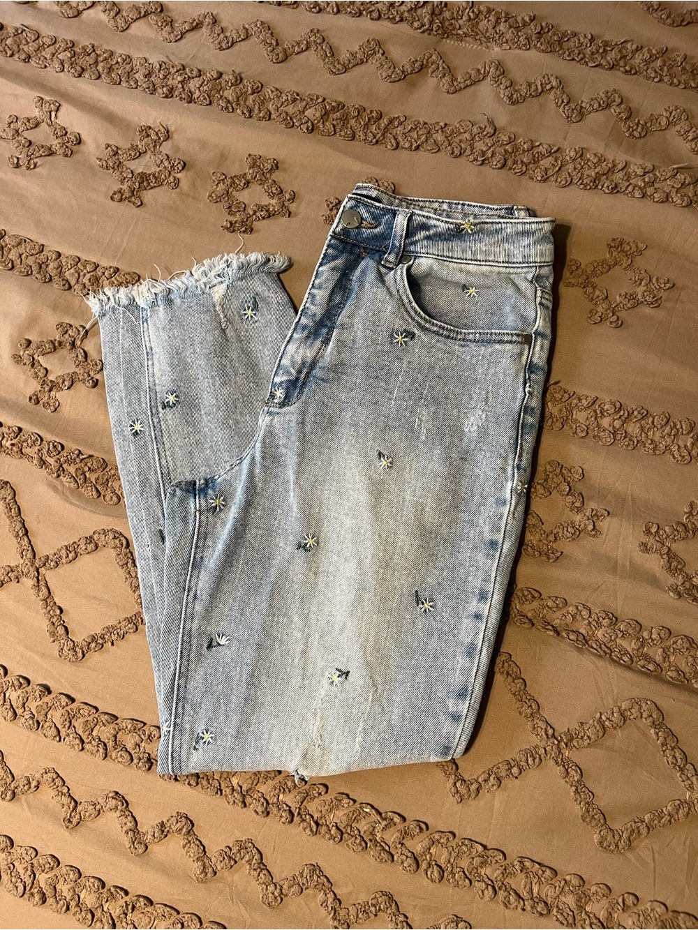 Material Girl Light Blue Cropped Jeans with Daisy Embroidery